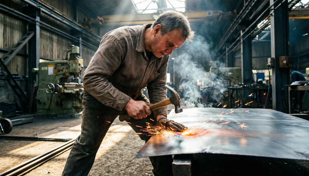 Industrial worker manually hammering a sheet metal part to correct flatness defects in a heavy-duty factory environment